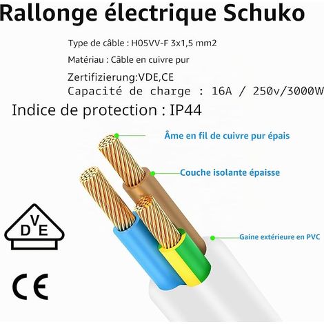 Schuko Short Outdoor Extension Cord, Schuko Extension Cable, White, 3 x 1.5 mm² 16 A 250 V IP44, for Home (White-90 Degrees, 0.3) (1/4)