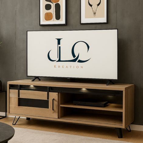 Meuble TV industriel décor chêne + LED 1 porte 150cm COSTA (1/5)