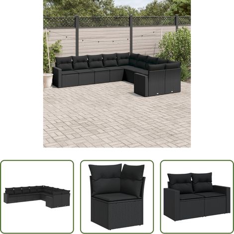 vidaXL Canapé en résine - Salon de jardin 10 pcs avec coussins noir résine tressée (1/5)