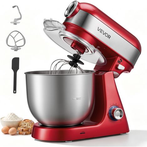 VEVOR Batidora Amasadora de Repostería 1000 W, 10 Velocidades, con Bol de 5 L de Acero Inoxidable, Protector Antisalpicaduras, Cabezal Inclinable, con Gancho para Amasar, para Hornear, Mezclar, Batir (1/5)