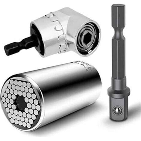 Clé à cliquet universelle multifonction 7 mm-19 mm, adaptateur de perceuse à clé métrique et foret de tournevis électrique à extension à angle droit de 105 degrés, foret magnétique hexagonal 1/4 pouce (1/4)