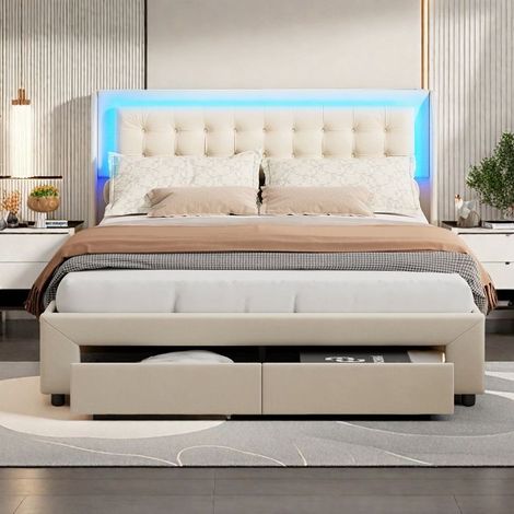 Cama con cofres dobles - 180x200 cm - Terciopelo beige - LED integrada - 2 cajones de almacenamiento (1/5)