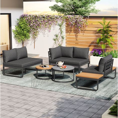Gartenmöbel-Set (4-5 Sitzplätze), 2 stapelbare Couchtische, verzinkter Eisenrahmen, bequeme Gartenmöbel, graue Sitzpolster und Kissen inklusive, mit verstellbaren Beinen (1/5)