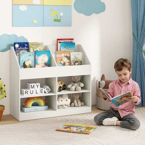 Bibliothèque enfant blanche en bois avec 3 niveaux, présentoir et 4 compartiments ouverts pour chambre, salle de jeux et classe (1/5)