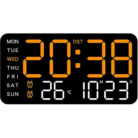 Horloge murale numérique sans cadre, alimentée par USB, à commande vocale, grand écran, double alarme, adaptée à une décoration moderne pour la maison ou le bureau, éclairage noir et orange. (1/5)