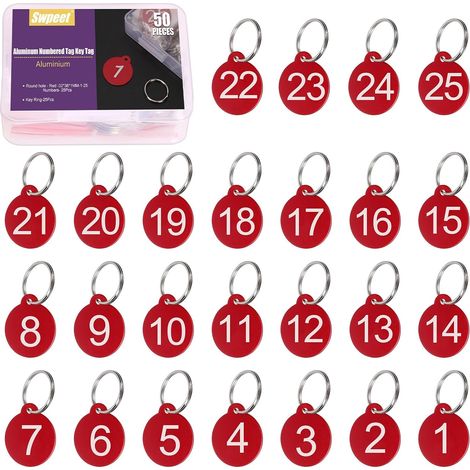 50 pezzi di targhette numeriche rettangolari rosse in alluminio da 1 a 25 con kit di portachiavi assortiti, targhette portachiavi in metallo con chiavi numerate per la codifica (1/5)