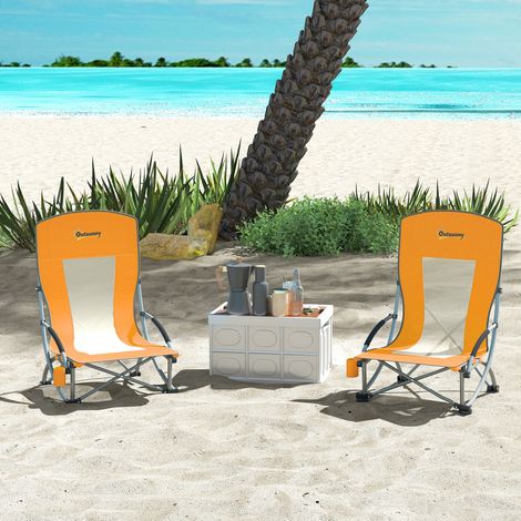 Lot de 2 chaises de plage pliable chaises camping pliante légère sac de transport porte-gobelet 70 x 58 x 79 cm orange