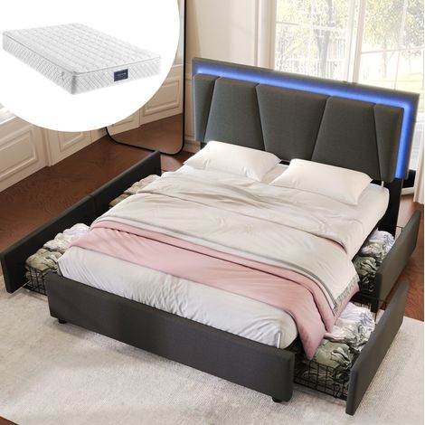 Cama tapizada de tela gris 140x200 cm con colchón, LED, 4 cajones, cabecero ajustable y somier de láminas (1/5)