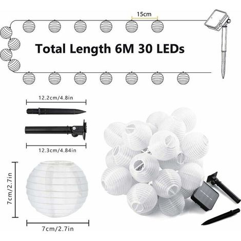(Luz blanca) Guirnalda de luces solares para exteriores de 6 m, 30 unidades, resistente al agua, 8 modos, iluminación solar decorativa para jardín, patio, balcón, terraza, fiestas y bodas. (1/3)
