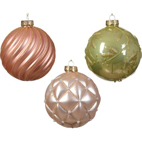 Pallina di Natale Vetro per decorazioni natalizie lucido-opaco con motivo a linee a foglia miste colore rosé frizzante/colore ø 10cm