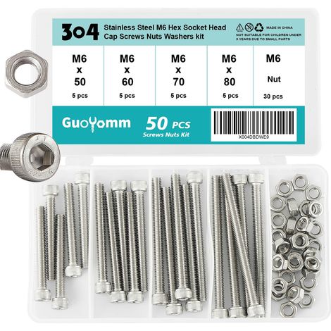 Lot de 50 vis à six pans creux M6 avec écrous en acier inoxydable 304 Jeu de boulons mécaniques entièrement filetés dans une boîte combinée, longueurs : 50 mm 60 mm 70 mm 80 mm (1/5)