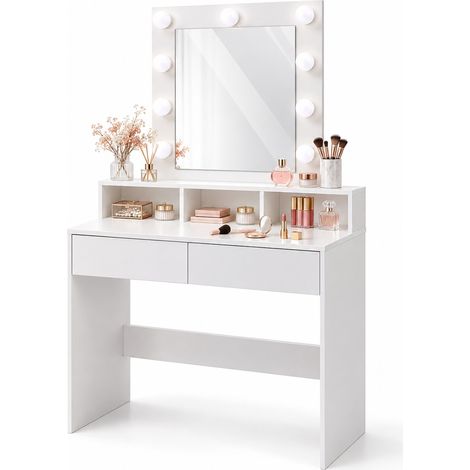 Relaxdays Coiffeuse avec miroir Hollywood, éclairage, 2 tiroirs, H x L x P : 140 x 80 x 40 cm, blanche (1/5)