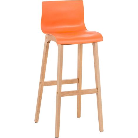Tabouret de bar x1 plastique orange piètement bois de hêtre naturel avec dossier et repose-pieds style scandinave moderne 100006829