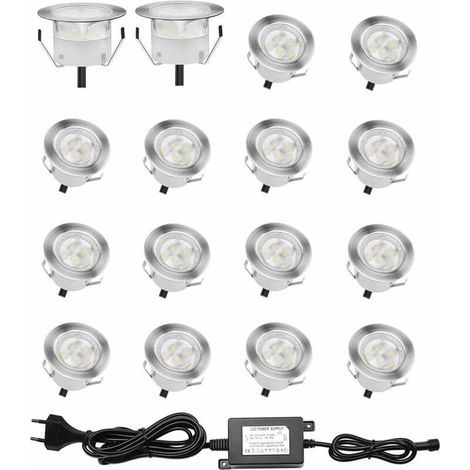 Lot de 16 Spots LED Encastrable pour Terrasse Bois, Etanche IP67, Spots à Encastrer Extérieur, 0,6W DC12V, Lumière Blanc, Kit Mini Lampe pour Chemin Contremarches d'escalier Plafond [Classe énergétiqu (1/5)