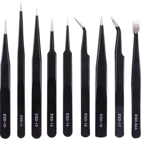 10 pcs Anti-static Tweezers Precision ESD Tweezers Maintenance Tools Kit, for Electronics Repair, black (1/5)