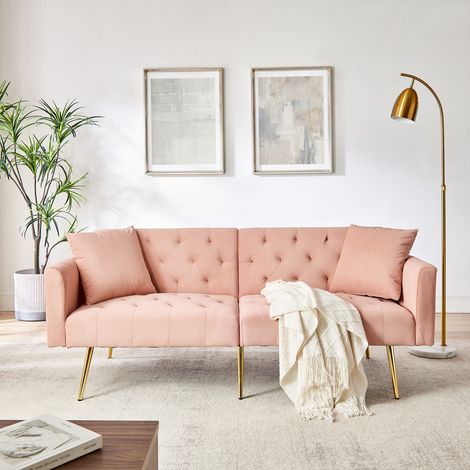 Canapé 2 places moderne en velours rose, dossier inclinable 3 positions, coussins et pieds en métal (1/5)