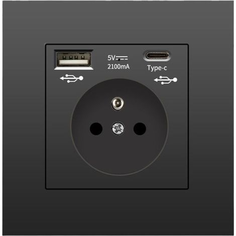 Prise Murale avec USB et Type C, 5V - 2,1A, Prise d'alimentation USB intégrée standard UE, multiprise française, 110-250V (noir) (1/4)
