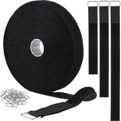 Sangles auto-agrippantes 1 po x 32 ft avec 50 boucles métalliques : Sangles de câbles ajustables, sangle de serrage coupable à la longueur, liens de fixation en nylon réutilisables, noirs. (1/4)