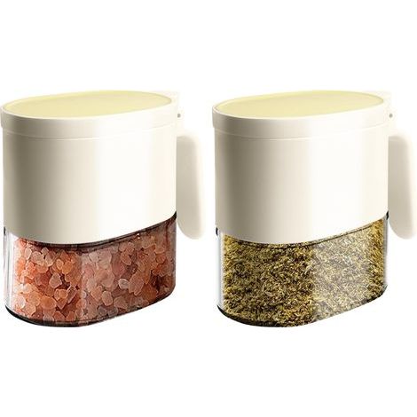 Pot à épices en verre avec cuillère, 2 pots à épices avec cuillères et couvercles magnétiques, pots à épices pour sel, sucre et poivre pour le rangement des épices de cuisine, 380 ml (blanc crème) (1/5)