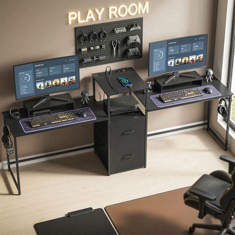 Mesa Gaming Doble de 244 cm con Estación de Carga Puertos USB Soportes para Monitor Cajones de Tela Negro (1/5)