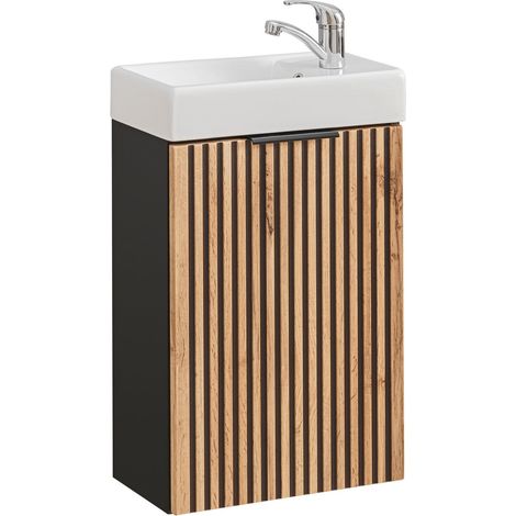 Meuble lave main à suspendre XILO NOIR CHÊNE 40 cm avec sa vasque MINI - style industriel (1/5)