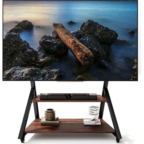 Support TV sur Pied à roulettes avec étagère en Bois pour téléviseurs de 50 à 100 Pouces, Chariot TV Noir Portable à Hauteur réglable, capacité de Charge maximale de 100 kg, VESA 800 × 600 mm. (1/5)