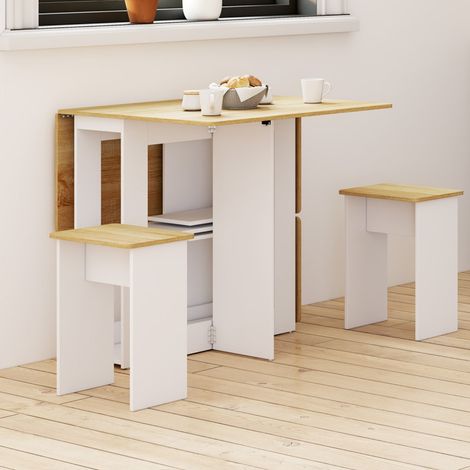 EDI Consola plegable para 2-4 personas de madera blanca con tablero de haya y 4 taburetes