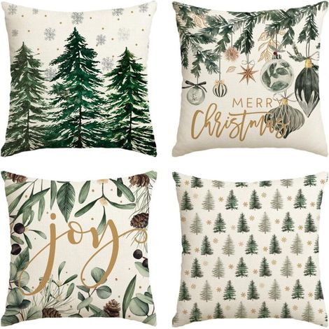 Lot de 4 housses de coussin décoratives de Noël avec boules de pin, eucalyptus, flocons de neige, 45 x 45 cm (1/5)