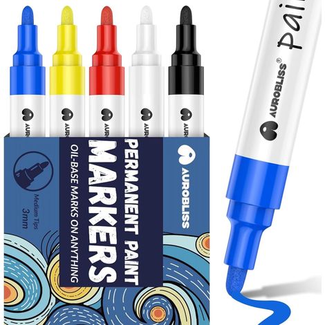 Permanent Marker Colours-5 Pens Round Tip 2-3 mm Paint Marker for Metal, Glass, Plastic, Rock, Wood