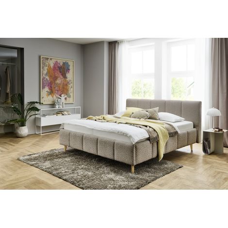 Meise Möbel Stauraumbett Alva 160x200 cm Bettkasten & Lattenrost Bouclé-Stoff Cappuccino Holzfuß eichefarbig (1/5)
