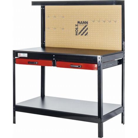 Holzmann – Établi modulable 121x61cm – Plan de travail MDF – Charge maximale 100kg – 20 crochets muraux – 2 tiroirs à roulements à billes