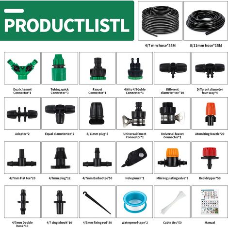 Sistema di irrigazione da giardino, kit di irrigazione a goccia da 340 pezzi, kit di irrigazione automatica da 55 m + 15 m, kit di irrigazione a goccia Sistema di irrigazione da giardino per piante da (1/4)