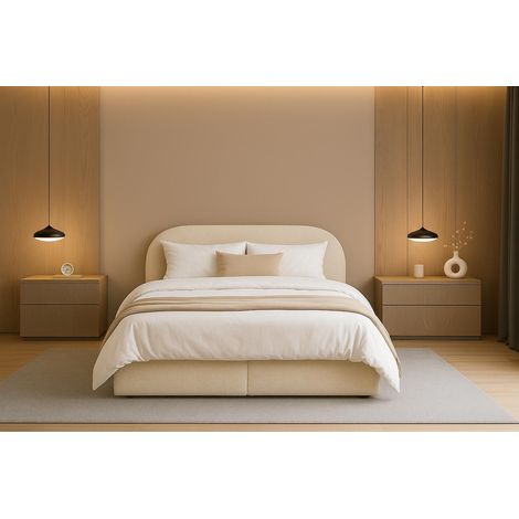 Kontinentalbett Moon Box 180x200 Creme Quelle boucle stoff Modernes Polsterbett mit StauraumMöglichkeit,einen Pouffe aus dem Arrangement zu kaufen (1/5)