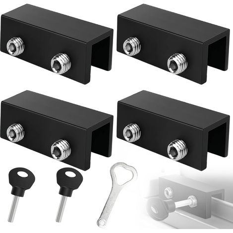 4 Pièces Verrou Baie Coulissante, Serrure de Fenêtre en Aluminium Noir Réglable, Bloc Porte Coulissante Adaptée aux Portes Coulissantes et Fenêtres d'une Épaisseur de 1–16 mm, Inclut 2 Clés (1/5)