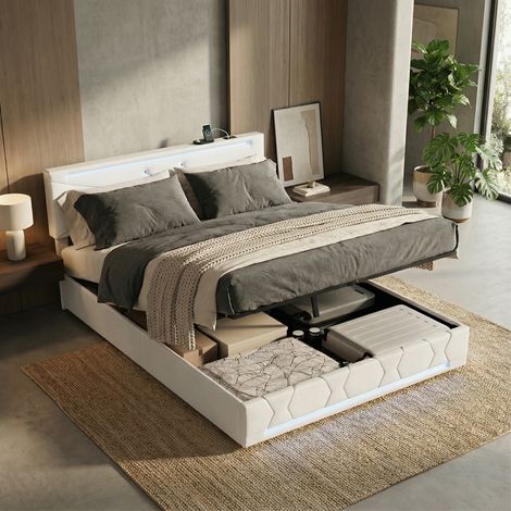 Lit coffre 140x190, lit double adulte avec sommier à lattes, lit capitonné, tête de lit réglable avec LED RGB intelligente, interface USB/C, lin - Blanc