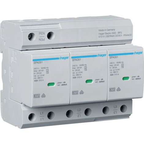 Parafoudre T1+T2 3P 25kA TNC contact - HAGER SPA800