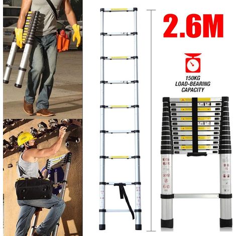 Alu Teleskopleiter 2,6M Rutschfester Aluleiter Schiebeleiter Sprossenleiter, aus hochwertigem Aluminium, Ausziehleiter Teleskop-Design Mehrzweckleiter max 150 kg Belastbarkeit (1/5)