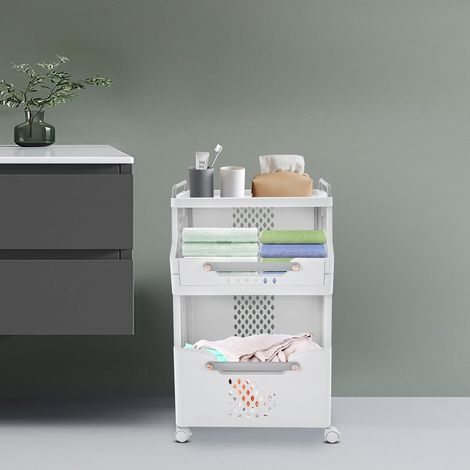 Panier à linge en plastique universel avec 4 roulettes pour chambre à coucher, salle de bain, chambre à coucher, 2 niveaux, blanc (1/5)