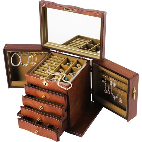 Boîte à bijoux pour femme, grande boîte de rangement à bijoux à 5 couches avec miroir et 4 tiroirs pour bagues, boucles d'oreilles, collie (1/5)