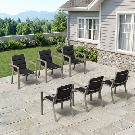 lot de 6 Chaise de Jardin Empilable, Fauteuil en Aluminium avec Tissu Textilène et Mousse à Séchage Rapide, Respirante, Confortable et élastique, ne Fatigue pas Après une longue Assise, Marron (1/5)