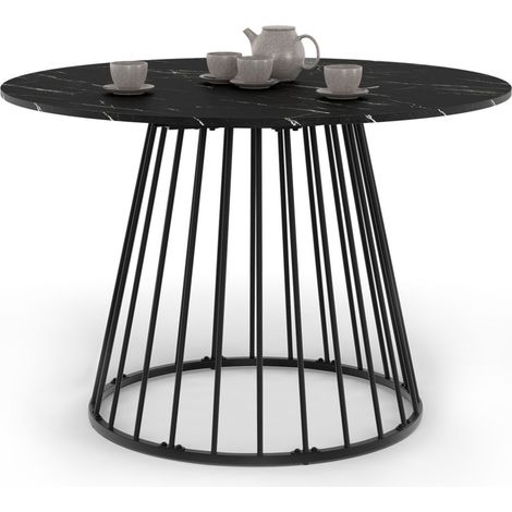 Tavolo da pranzo rotondo per 6 persone YUNA con piano in marmo nero effetto ALASKA e gamba in filo metallico nero 110 cm