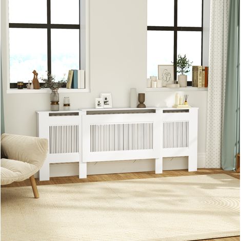 Cubreradiador extensible 125-201x19x81.5 cm blanco en tablero de partículas con repisa y ventilación (1/5)