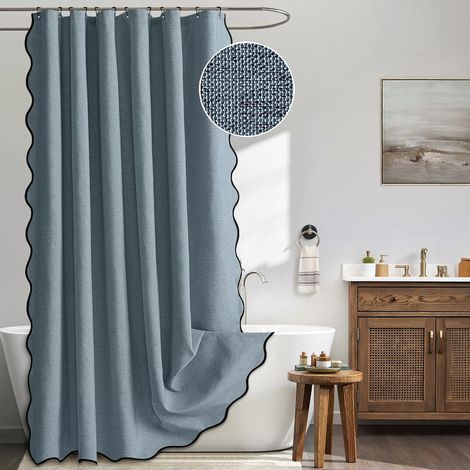 Rideau de douche, texture lin, 12 crochets métalliques, durable, lavable et imperméable, bordure noire, 183 x 183 cm,bleu (1/5)