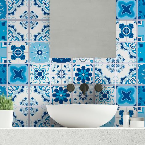 Sticker Mural Carrelage adhésif Cuisine Salle de Bain - 24 STICKERS CARREAUX DE CIMENT AZULEJOS JOSHUA - 24stickers15x15cm (1/5)
