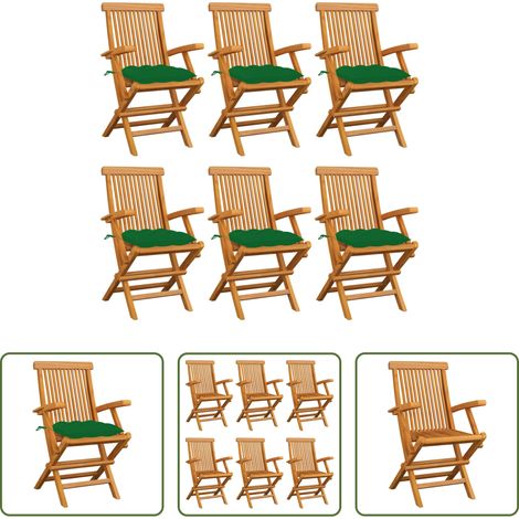 Teakholz -  Gartenstühle mit Grünen Kissen 6 Stk. Massivholz Teak (1/5)
