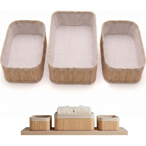 Lot de 3 paniers de rangement tressés en bambou avec insert en tissu pour salle de bain, maquillage, placard (1 x 32 x 22 x 12 cm et 2 x 21 x 15 x 10 cm) (1/5)