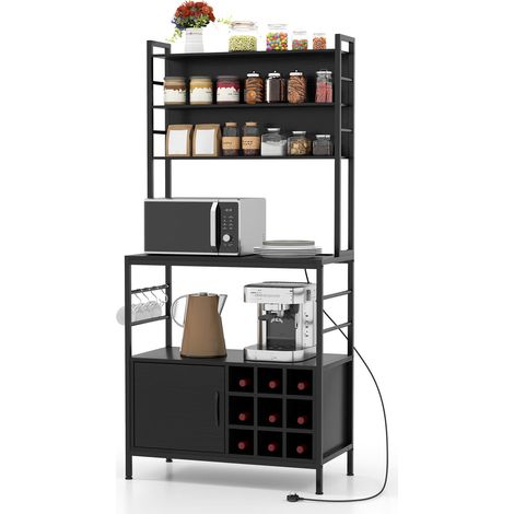 COSTWAY Bakers Rack Coffee Bar Cabinet w/ Heavy-Duty Metal Frame Black