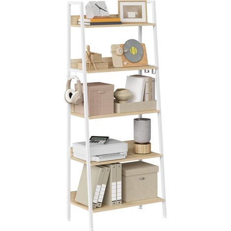 WOLTU Estantería de 5 niveles / Estantería tipo escalera con estructura metálica (madera/MDF) para salón, cocina y oficina – Roble claro + blanco (1/5)