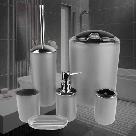 Set Accessoires Salle De Bain - Porte-Brosse À Dents - Tasse De Rinçage - Distributeur De Savon - Porte-Savon - Porte-Brosse WC - Poubelle - 6 Pièces (1/4)