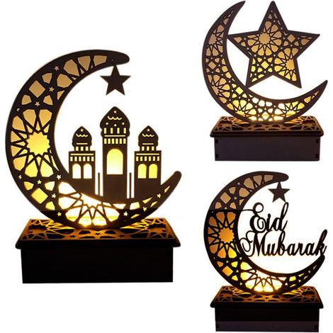 UlisemIslamische Holzdekoration Eid al-Fitr Ramadan Eid al-Adha Hohlmond Fünfzackiger Stern mit LED-Licht Ornamente Kunsthandwerk Ohne Batterien